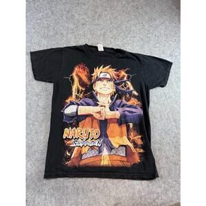VTG Y2K Naruto Shippuden Graphic AOP Shirt Mens M Black Manga Anime Streetwear